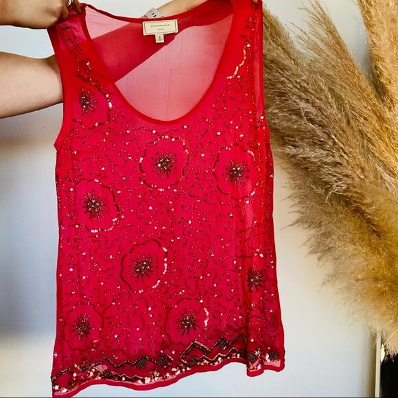 ANTHROPOLOGIE Moulinette Soeurs Pink Red Sequin Sheer Tank Top Blouse Shirt 4 - Picture 5 of 9